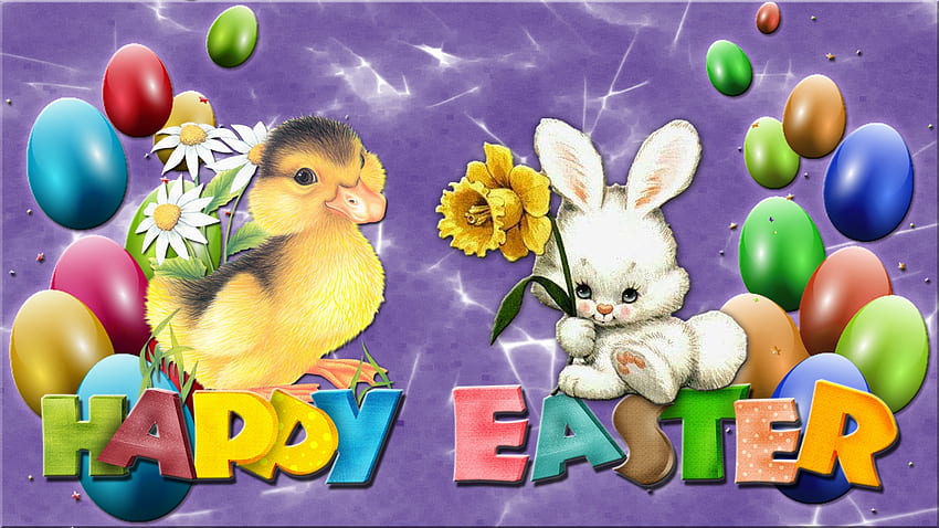 Easter Duck Bunny, Daffodil, Duck, Easter, Easter Eggs, Daisies, Bunny, Happy Easter HD wallpaper