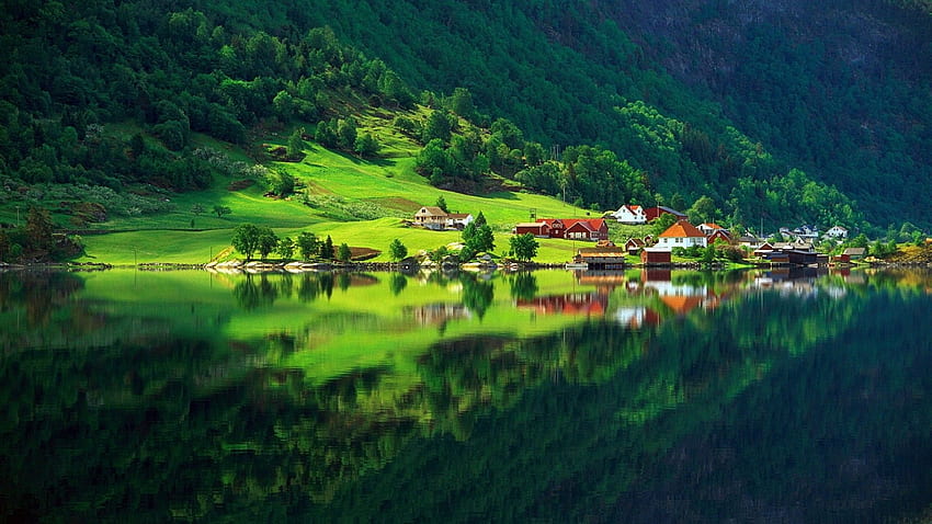 自然の森、緑、夏の家、村、湖、高精細、Windows 10、Mac、Apple の背景。 満杯 高画質の壁紙