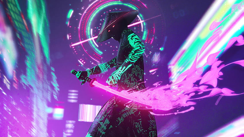 Neon Samurai Cyber​​ punk、アーティスト、、および背景、Samurai PC 高画質の壁紙