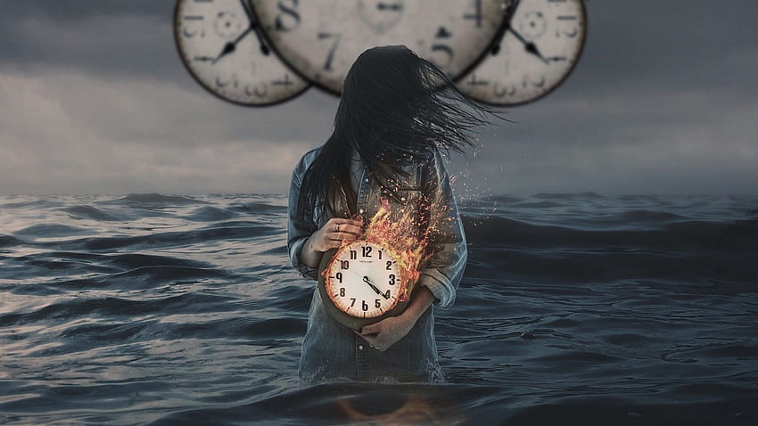Girl with a clock inside the sea iPhone 7 Plus HD wallpaper