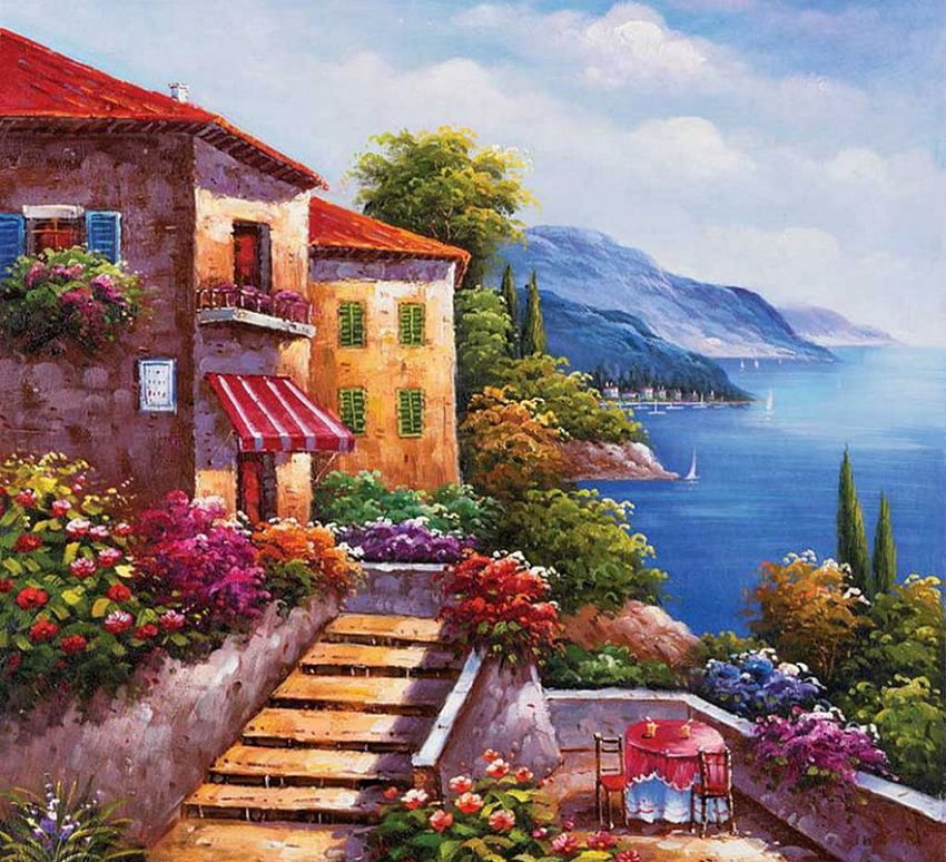 Amalfi Coast, sea, table, houses, chairs, artwork, stairs, painting, flowers, veranda, mountains HD wallpaper