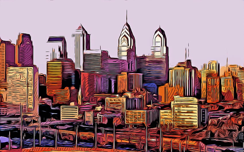 Филаделфия, , векторно изкуство, рисунка на Филаделфия, творческо изкуство, изкуство на Филаделфия, векторна рисунка, градски пейзаж на Филаделфия, Пенсилвания, САЩ HD тапет