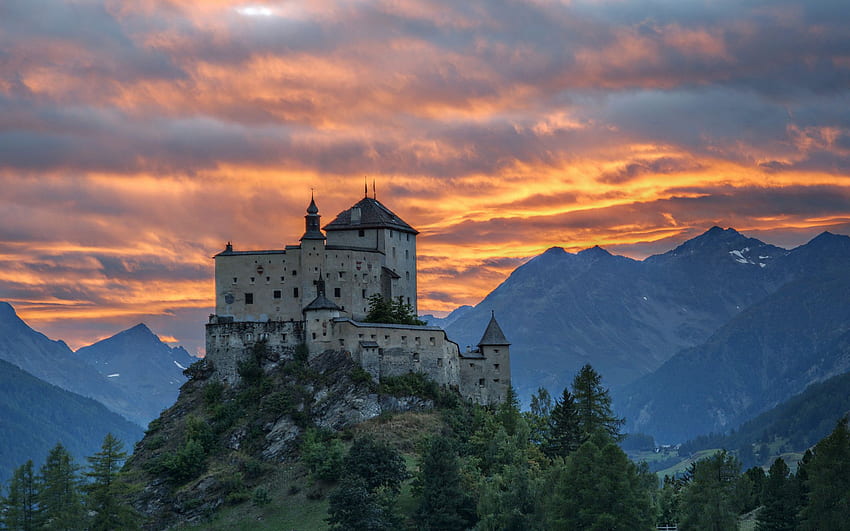Château de Tarasp, soirée, coucher de soleil, ancien château, Alpes, paysage de montagne, châteaux suisses, Tarasp, Suisse Fond d'écran HD