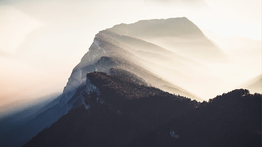 Mountains, fog, landscape, dawn, clouds HD wallpaper