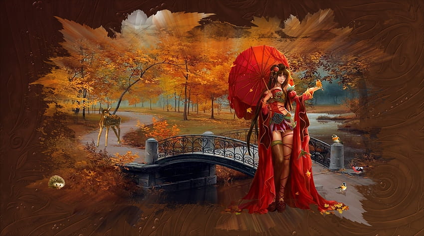 Geisha on Bridge, asian, art, girl, geisha, beautiful, woman, digital, fantasy, pretty, bridge HD wallpaper