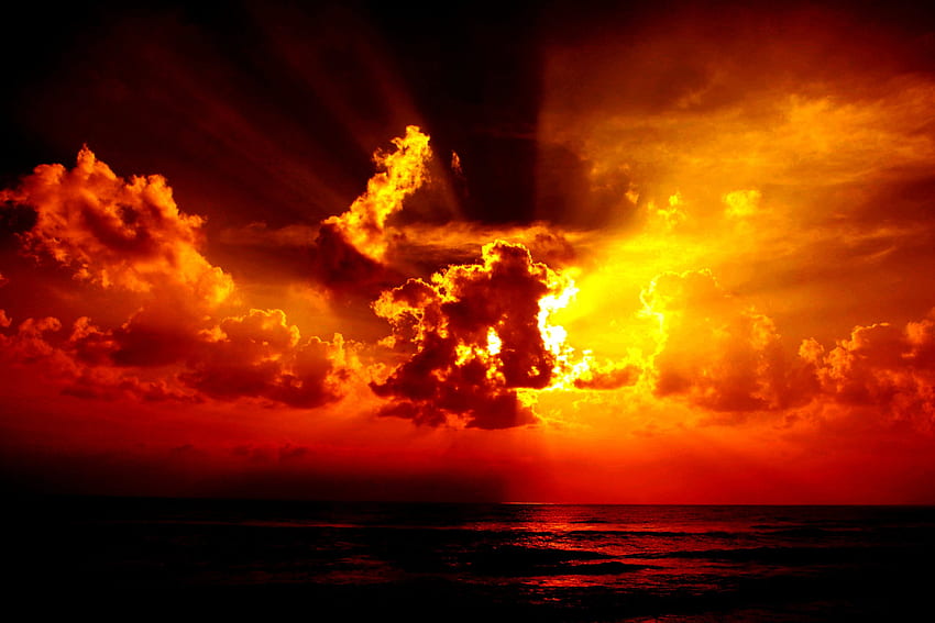RAYS of HIDDEN SUN, sea, rays, horizon, sunrays, clouds HD wallpaper