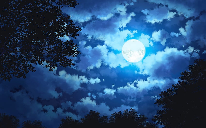 Paesaggio anime, notte, luna, nuvole, alberi, cielo per MacBook Pro 15 pollici Sfondo HD