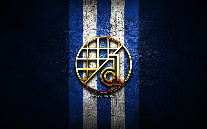 Dinamo Zagreb FC, logo doré, HNL, fond métal bleu, football, club de football croate, logo Dinamo Zagreb, football, GNK Dinamo Zagreb Fond d'écran HD