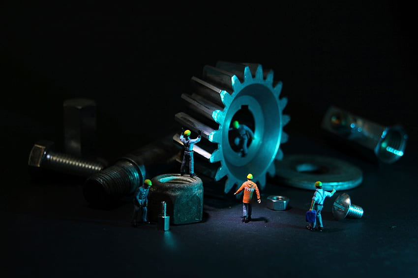 Lavoratori in loco, ingegneria meccanica, ingranaggi, figure in miniatura • For You For & Mobile, Blue Mechanical Sfondo HD