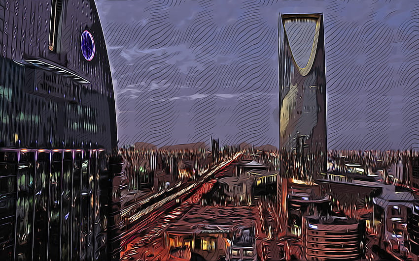 Riyadh, Saudi Arabia, Kingdom Centre, , vector art, Riyadh drawing, creative art, Riyadh art, vector drawing, Riyadh cityscape HD wallpaper