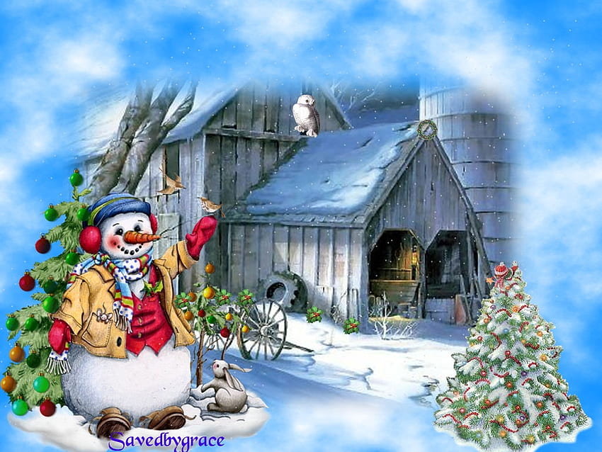 Noel'de ole ahırı, kış, tatil, kar, noel, noel baba, ağaç HD duvar kağıdı