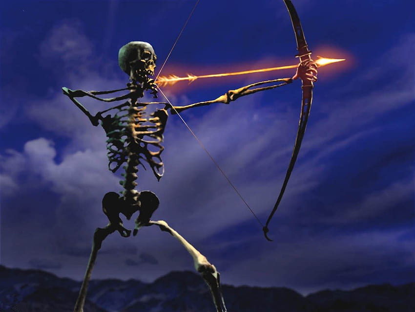 skeleton archer, skeleton, clouds, mountains, glowing arrow, bow HD wallpaper