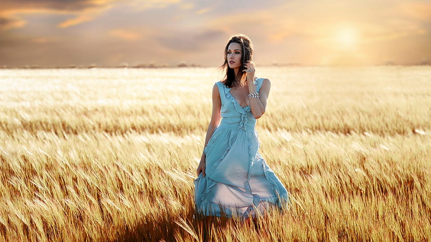 Olga Alberti dans un champ d'orge au coucher du soleil, modèle, coucher de soleil, champ, brune, robe Fond d'écran HD
