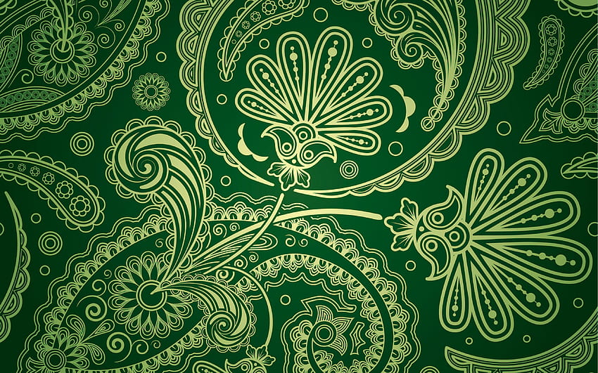 Desenli yeşil doku, Paisley altın süs eşyaları, yeşil Desenli arka plan, yeşil desenli desen, Çözünürlük için Paisley doku. Yüksek kalite HD duvar kağıdı