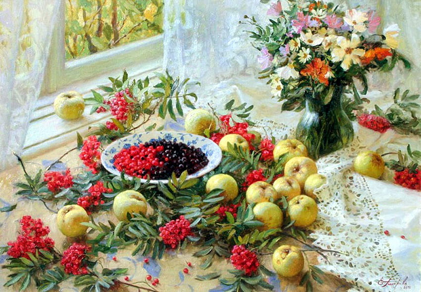 Petrov, janela, arte, natureza morta, pintura, flor, uva, fruta, maçã papel de parede HD