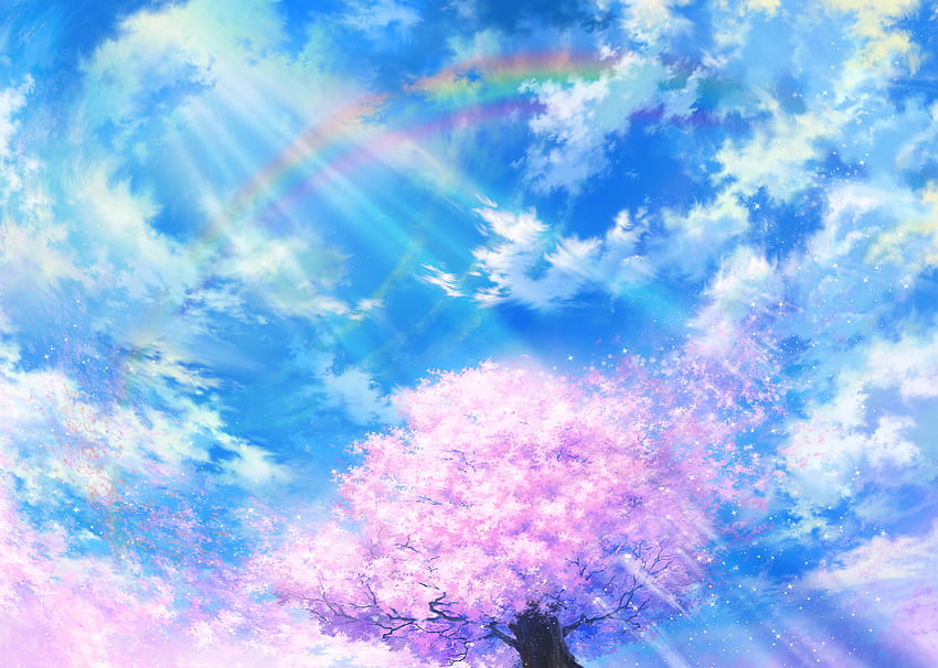дърво сакура, синьо, бяло, красиво, слънчеви лъчи, розово, дъга, листенца, облаци, небе HD тапет