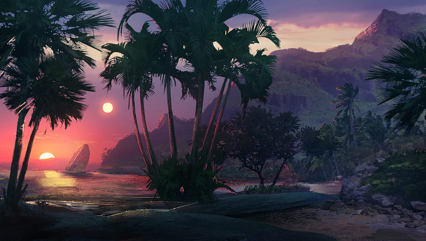 sztuka, zachód słońca, morze, plaża, palmy Tapeta HD