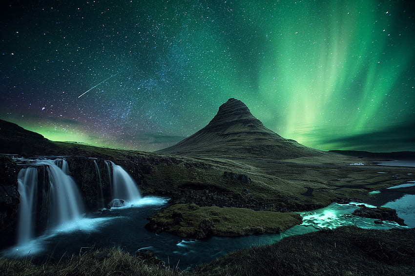 Kirkjufell'de Aurora Rüzgarları. İzlanda, Kuzey ışıkları, Kuzey ışıkları, Kuzey Işıkları Bilgisayarı HD duvar kağıdı