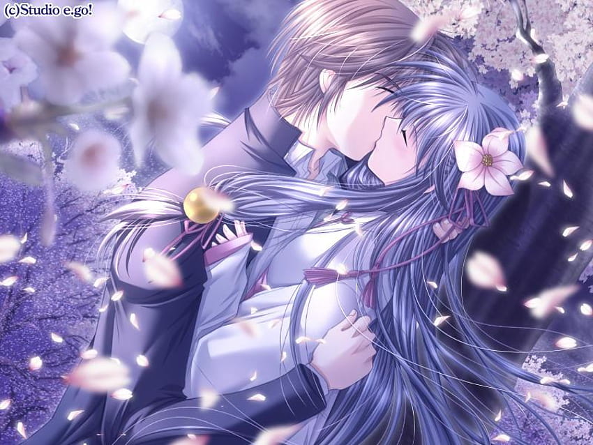 Flores, lover, cute, girl, kissing, anime girl, purple, anime, boy, flower,  sakura, couple, kiss, male, female HD wallpaper | Pxfuel