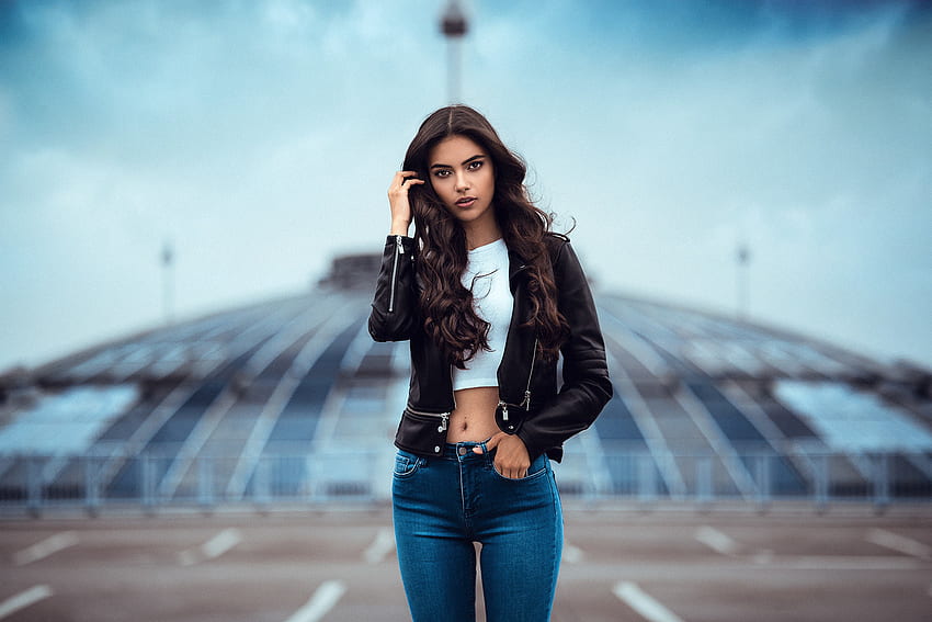 Outdoor, leather jacket, denim, blue jeans, girl model HD wallpaper