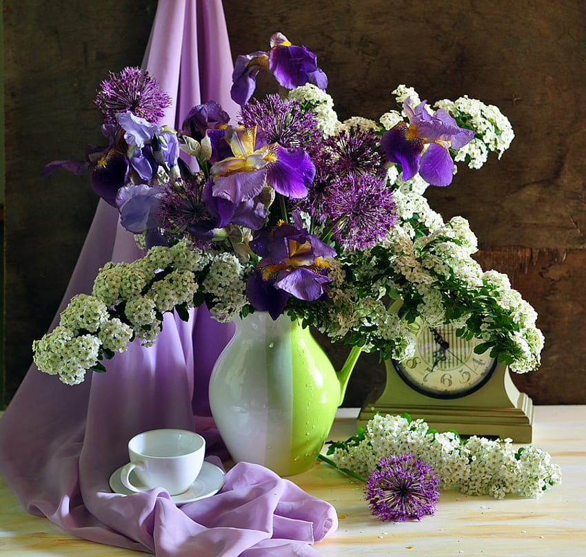 Endearing, vase, beautiful, numbers, cup, silk, purple, still life, green, flowers, clock, orchids, lilac HD wallpaper