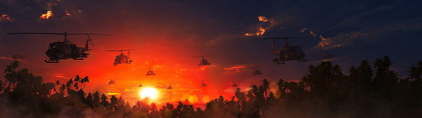 helikopter AS Perang Vietnam Matahari terbit dan terbenam, 5120x1440 Wallpaper HD