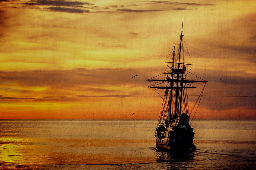 해적선, 배, 해적, 일몰, 바다 HD 월페이퍼