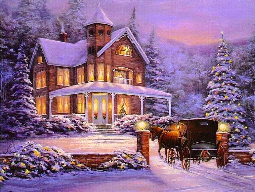 noche de navidad, noche, invierno, colorido, color, casa, hermoso, árbol, navidad, cabaña fondo de pantalla