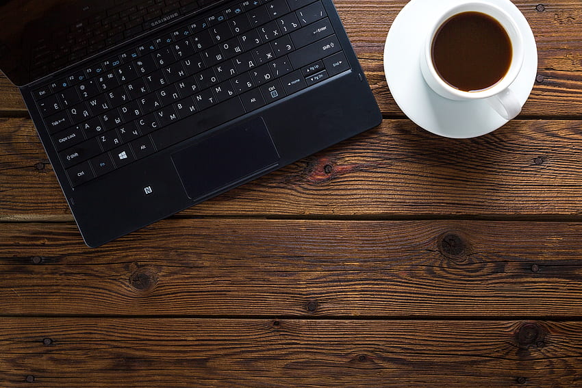 Black laptop computer beside white ceramic mug filled with brown, Coffee Laptop HD wallpaper