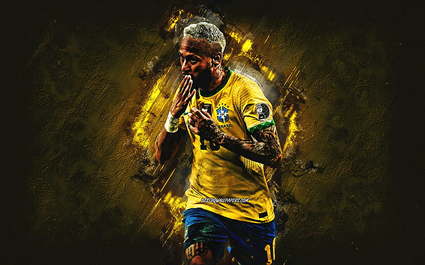 Неймар, бразилски национален отбор по футбол, гръндж изкуство, бразилски футболист, жълт каменен фон, изкуство на Неймар HD тапет