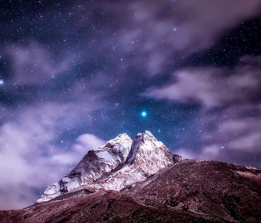Nature, Mountains, Clouds, Vertex, Top, Starry Sky, Snow Covered, Snowbound, Himalayas HD wallpaper