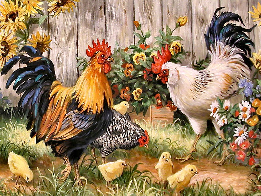 Farm Friends F1, animal, chicken, bird, art, chicks, beautiful, illustration, avian, artwork, wide screen, wildlife, painting, family, farm animals, rooster HD wallpaper