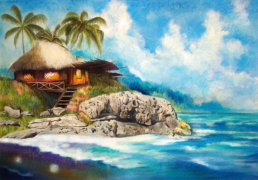 Rocky shores, palm, hut, trees, rocks, beach HD wallpaper