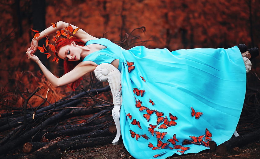 Redhead in blue dress, blue, model, marketa novak, autumn, redhead, girl, dress, woman, toamna HD wallpaper