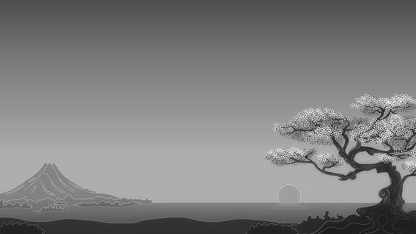 japonês arte digital minimalismo simples fundo árvores natureza paisagem montanhas horizonte sol monocromático monte fuji JPG 191 kB, Japanese Nature Art papel de parede HD