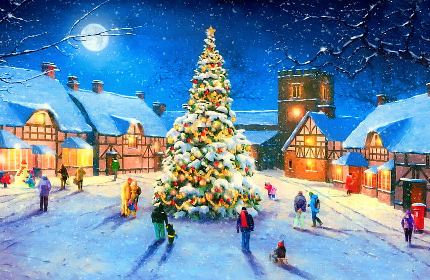 Christmas village, winter, night, fun, houses, moon, snow, children, art, kids, eve, beautiful, tree, decoration, pretty, christmas, joy, village HD wallpaper