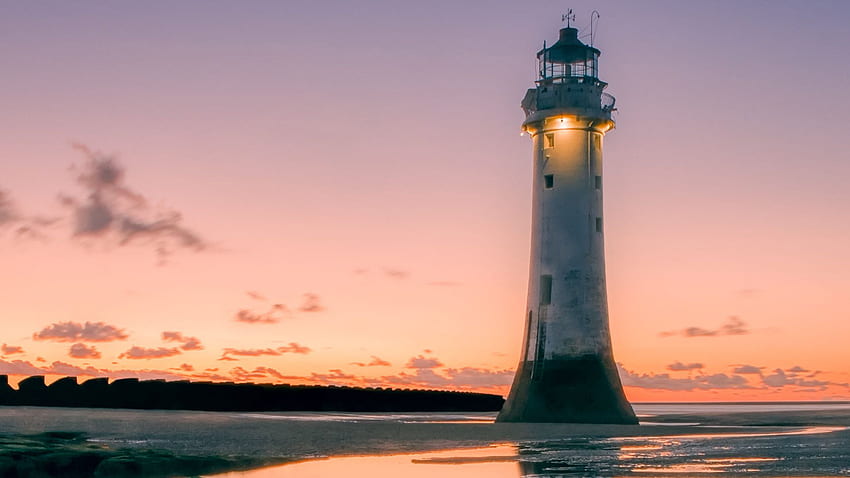 Lighthouse Sea Coast Blue Sky During Sunset Nature HD wallpaper