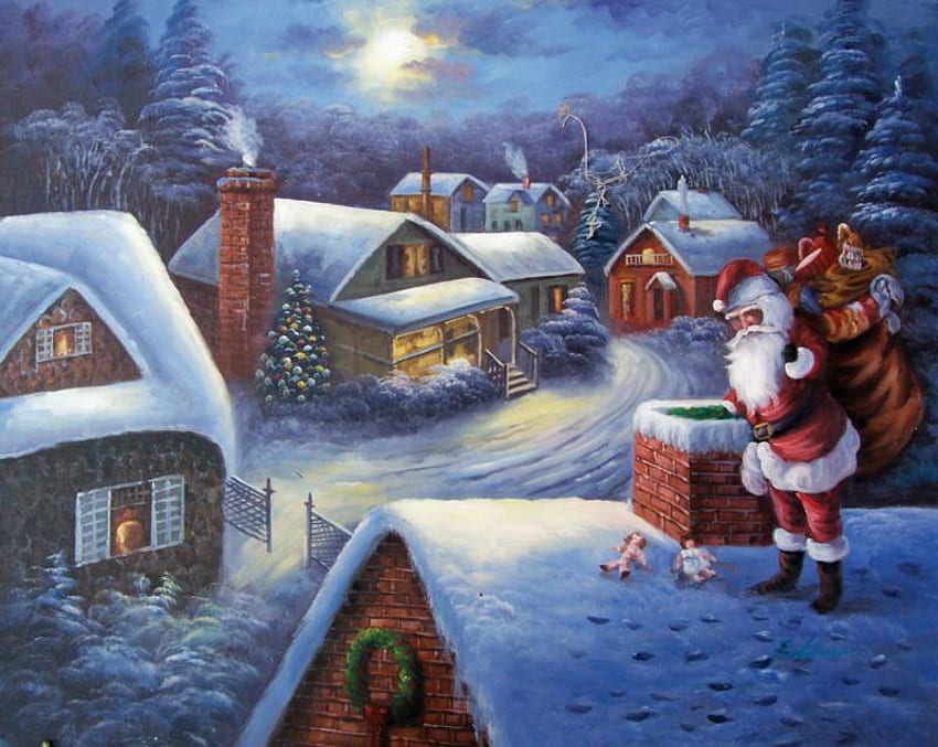Christmas Eve, presents, snow, village, santa HD wallpaper