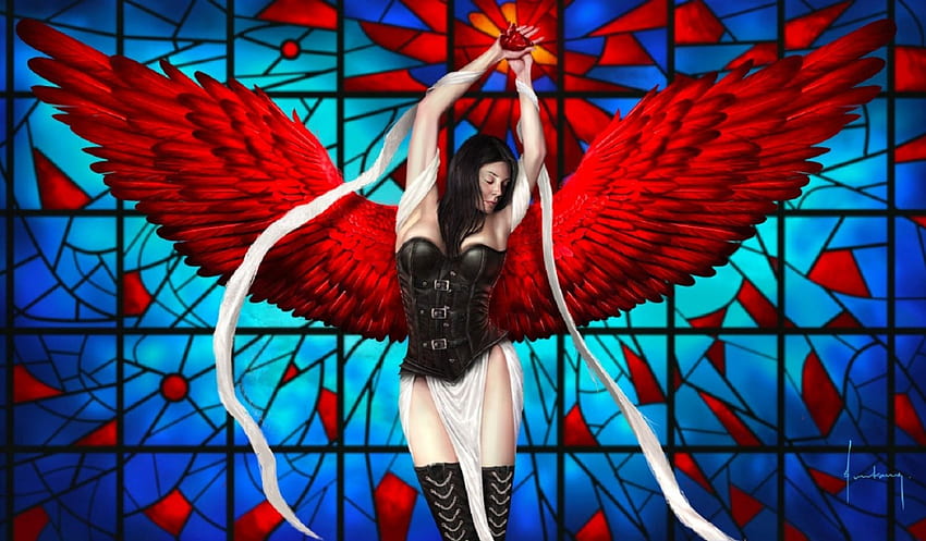 Gothic Angel, wings, art, girl, beautiful, angel, woman, digital, fantasy, pretty, red HD wallpaper