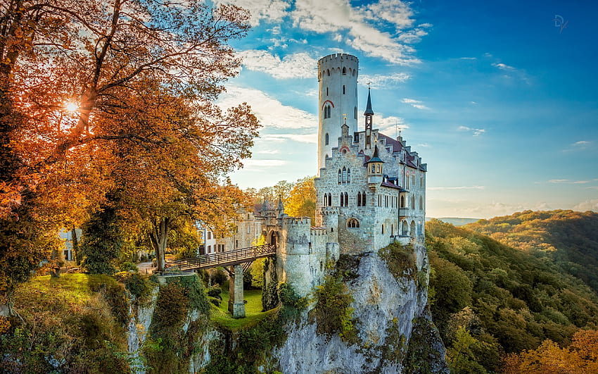 Castello Liechtenstein, Germania, paesaggio, alberi, autunno, costruzione, montagne Sfondo HD