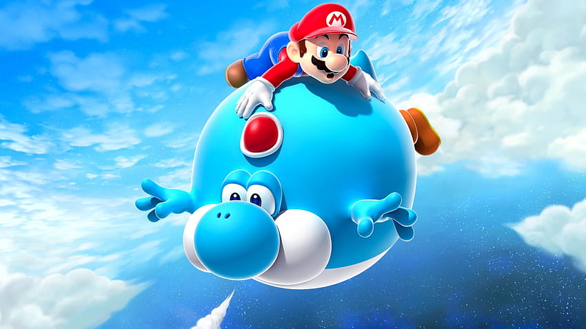 Mario Air Balloon Yoshi Niebieski Super Mario Galaxy Tło Fajny tablet Inteligentny telefon o wysokiej rozdzielczości. Pełny Tapeta HD
