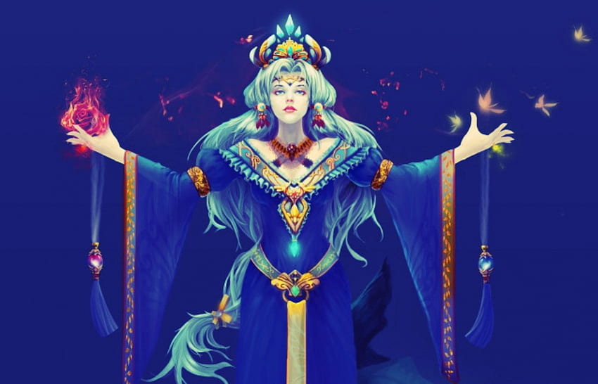 Four seasons queen, blue, sorceress, golden, art, girl, flame, woman, crown, pink, fantasy, Beiyue, yellow, fire HD wallpaper
