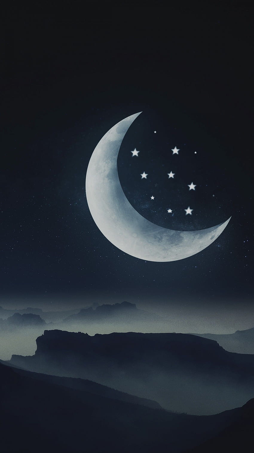 พระจันทร์ครึ่งเสี้ยว ดวงดาว ภูเขา กลางคืน ธรรมชาติ โลกและดวงจันทร์ที่สวยงาม วอลล์เปเปอร์โทรศัพท์ HD