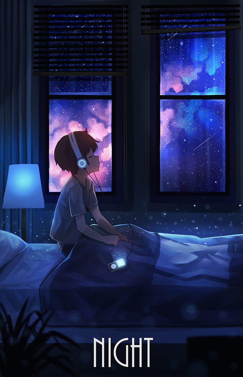 boy, night, headphones, starry sky, art background HD phone wallpaper