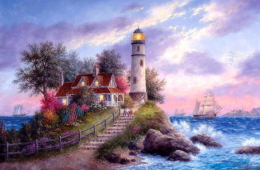 ★Cove of Lighthouse★, colors, houses, waterscapes, trees, architectures, children, architecture, cove, attractions in dreams, paintings, beautiful, love four seasons, step stones, all lighthourses, clouds, nature, sky, barque HD wallpaper