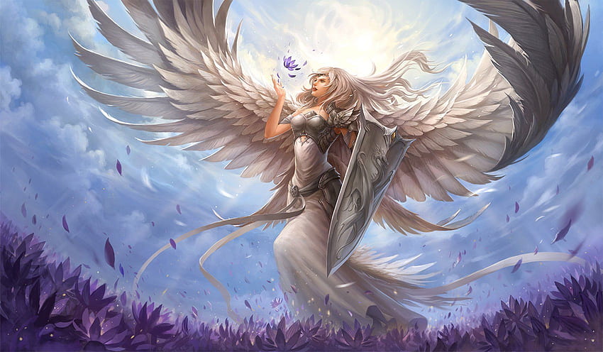 fantasy, Angel, Warrior, Sword, Flower, Blue, Sky, Dragon, Epic Angel HD wallpaper
