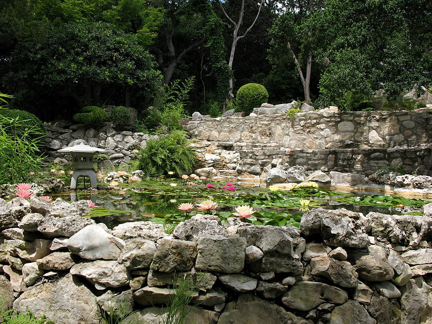 Nature, Stones, Water Lilies, Lamp, Lantern, Garden, Pond, China, Harmony HD wallpaper