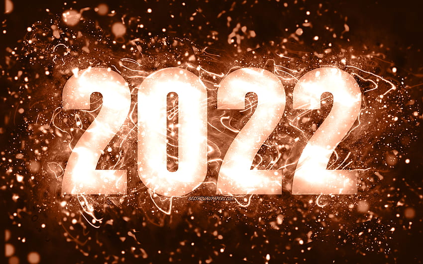 새해 복 많이 받으세요 2022, 갈색 네온 불빛, 2022 개념, 2022 새해, 2022 갈색 배경, 2022년 숫자, 2022 갈색 숫자 HD 월페이퍼