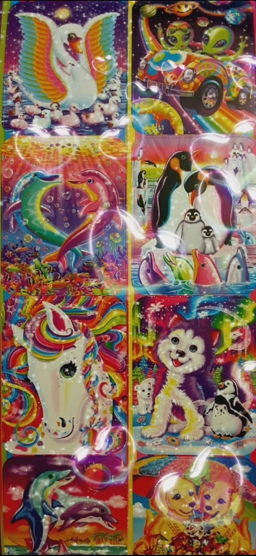 Lisa Frank collage, magenta, rainbow, art, hearts, LisaFrank, stickers, bubbles, harts HD phone wallpaper