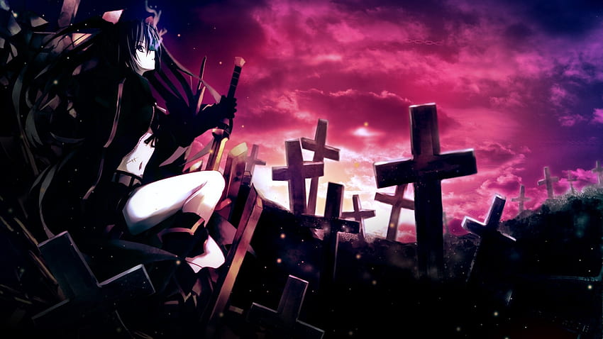 Preview anime, girl, thoughtful, sword, cemetery, darkness HD wallpaper